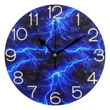 Imagem de GAIGEO Relógio de parede decorativo preto relâmpago azul frio analógico escritório cozinha relógio redondo sem tique-taque silencioso, decoração de parede de casa de fazenda moderna, 25 cm, ponteiros