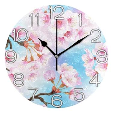 Imagem de Relógio de parede decorativo analógico operado por bateria relógio de cozinha de escritório, decoração moderna de meados do século, flores de cerejeira, rosa pastel, 25 cm, ponteiros dourados