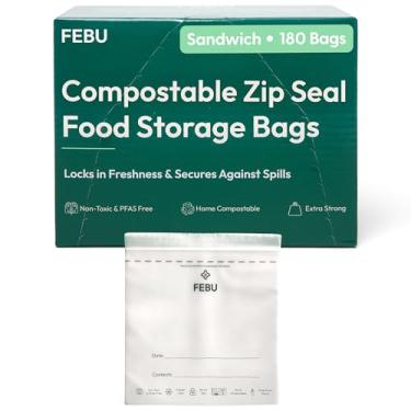 Imagem de FEBU Sacos de armazenamento de alimentos compostáveis para sanduíche | Compostável e biodegradável para casa certificada | Sem PFAS e BPA, sacos com zíper não plásticos | À prova de vazamento e