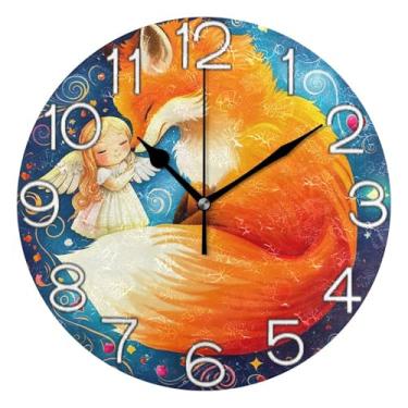 Imagem de GAIGEO Relógio de parede analógico decorativo relógio de cozinha rústico funky alimentado por bateria, decoração de parede moderna sala de estar bonito desenho animado azul raposa, 25 cm, ponteiros