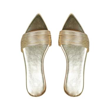 Imagem de OYOANGLE Sandálias femininas de bico fino com tiras douradas elegantes com bico aberto, sapatos de festa de formatura, Dourado, 36