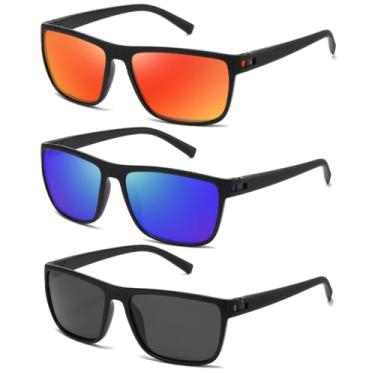 Imagem de (Pacote com 3) Óculos de sol quadrados polarizados para homens e mulheres, estilo vintage, para dirigir, viajar, proteção UV, Preto mudo + azul escuro + vermelho