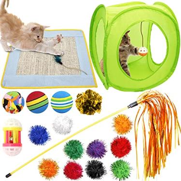 Imagem de Youngever Conjunto de 18 brinquedos para gatos, tapete para arranhar, túnel quadrado, varinha de provocar gatos, brinquedo interativo de sino, bolas brilhantes para gatos, filhotes, gatinhos