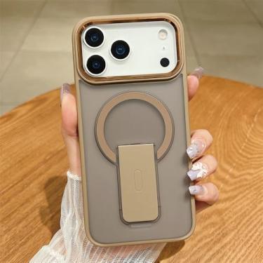 Imagem de Capa para iPhone 17 Pro Max AIR 16 15 14 13 11 com suporte, proteção lateral e fecho magnético, acabamento fosco translúcido, cor dourada do deserto. Compatível também com iPhone 16 Pro Max.