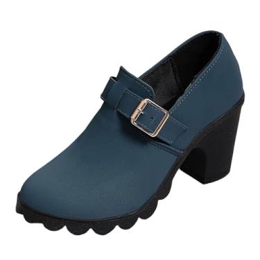 Imagem de Botas femininas modernas estilo britânico casual fivela de metal bolo esponja salto grosso tubo curto plus size botas de salto alto para outono inverno lazer ao ar livre, Azul royal, 34