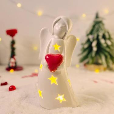 Imagem de Qoyntuer Estatuetas de anjo da guarda iluminadas em porcelana com coração rosa pintado à mão, estátua de anjo curativo de 20 cm de altura, presentes de anjo para mulheres, dia de Ação de Graças, Natal