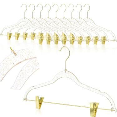 Imagem de 10 cabides dourados transparentes com clipes, cabides de acrílico com glitter de 43 cm x 20 cm, antiderrapante, armazenamento e organizador de calças de plástico para roupas, calças, saia, jeans