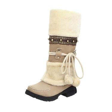 Imagem de Botas femininas de inverno, salto plano, cano alto, cano alto, cano longo, felpudo, bico redondo, cano médio, botas de neve, Bege, 34