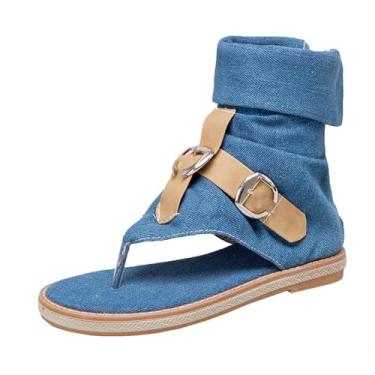 Imagem de Sandálias femininas rasteiras com clipe de dedo para cinto jeans fivela de cinto de cano alto sandálias de espinha de peixe casual ao ar livre, sandálias de praia de verão para mulheres, Azul-royal