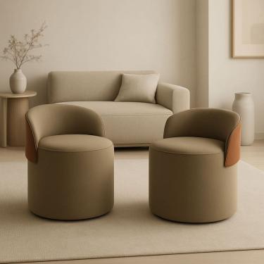 Imagem de Kit 2 Puff Curvo Com Encosto Redondo Orgânico Sala Confortável Resistente Composé Suede Corino