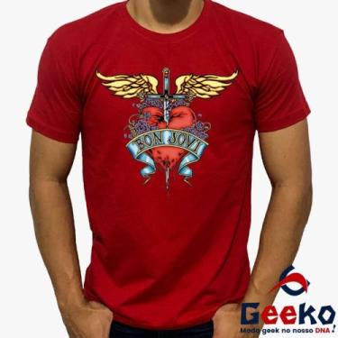 Imagem de Camiseta Bon Jovi 100% Algodão Rock Geeko, Vermelho gola careca, G