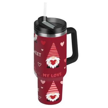 Imagem de ATTX Copo padrão de gnomos Valentine de 1,134 g com alça, copo de aço inoxidável a vácuo de parede dupla com palha, caneca de café de viagem isolada #122