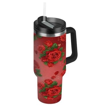 Imagem de ATTX Copo rosa de 1,134 g com alça, copo de aço inoxidável a vácuo de parede dupla com palha, caneca de café de viagem isolada #200