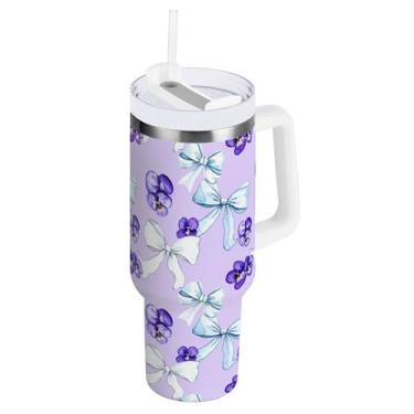 Imagem de SEHANY Lindo copo roxo de 1,134 g com alça, copo isolado de aço inoxidável a vácuo de parede dupla, à prova de vazamento, caneca de café isolada para viagem cabe no suporte de copo de carro