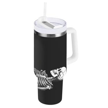 Imagem de SEHANY Copo Skull Gothic de 1,134 g com alça, copo isolado de aço inoxidável de parede dupla, à prova de vazamento, caneca de café isolada para viagem, cabe no suporte de copo de carro