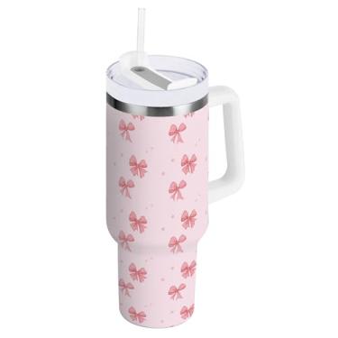 Imagem de SEHANY Copo fofo com laço rosa de 1,134 g com alça, copo isolado de aço inoxidável a vácuo de parede dupla, à prova de vazamento, caneca de café isolada para viagem cabe no suporte de copo de carro