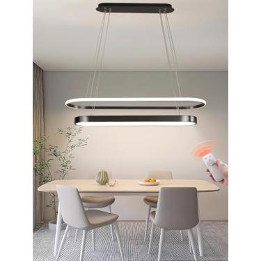Imagem de Luminária pendente moderna oval para mesa de jantar, com LED dimerizável e controle remoto, altura ajustável, ideal para quarto, escritório, cozinha ou bar (preta).