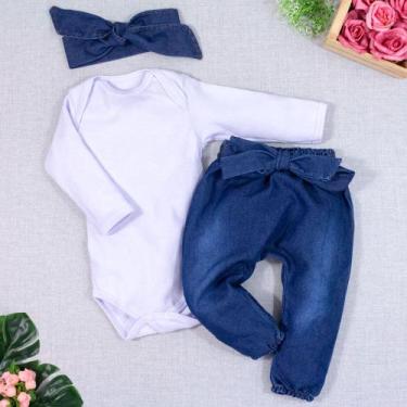 Imagem de Conjunto para Bebê Body e Calça Jeans com Faixinha Branco - Era Uma Ve