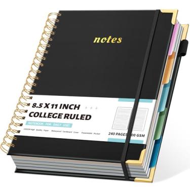 Imagem de Cadernos espirais de capa dura 21,6 cm x 28 cm Caderno para anotações com 5 matérias, pautado na faculdade, com divisórias, 240 páginas, caderno espiral estético de 100 g/m² para trabalho, escola