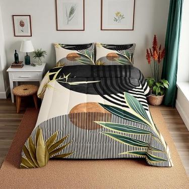 Imagem de Erosebridal Conjunto de edredom moderno de meados do século, King, boêmio, botânico, minimalista, arte geométrica, vintage, moderno, simples, abstrato, estético, inserção, preto, bege