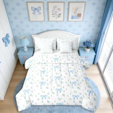 Imagem de Erosebridal Conjunto de cama solteiro Blue Bows, 7 peças, com laço kawaii, estilo princesa, inclui edredom, conjunto de lençol, fronhas e fronhas, decoração de quarto floral fantasia