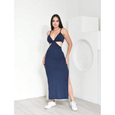 Imagem de Vestido longo vazado com detalhe e fenda na lateral - NoBrand, Azul es