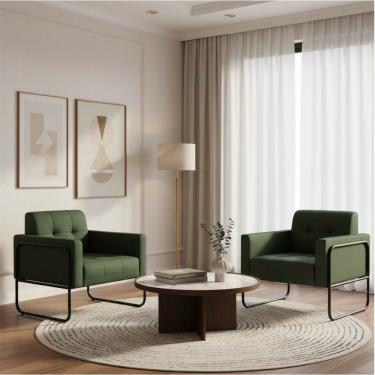 Imagem de Poltrona Sala Decorativa Kit 2 Elisa Base Tubular Alta Preta Sintético PU Verde D03 - D'Rossi