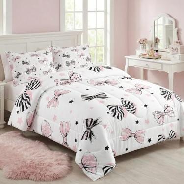 Imagem de Feelyou Jogo de cama solteiro com laço rosa e preto, para crianças, adolescentes, estilo princesa sonhadora, edredom para decoração de quarto, 2 peças com 1 fronha
