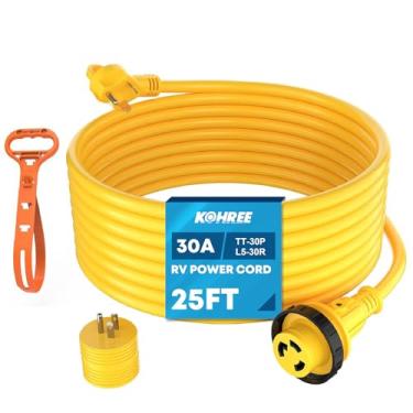 Imagem de Kohree Cabo de extensão de energia de 65 m 30 amp. com alça de aperto, plugue adaptador de bloqueio 30M/30F, indicador de LED e adaptador de alimentação RV macho de 15A para fêmea 30A (1875 W), 125V, 3750W, ETL listado