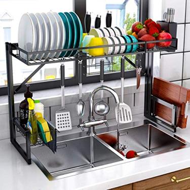 Imagem de U5GAAALPPQ9 Escorredor de louça, pia de cozinha de aço inoxidável preto, escorredor, talheres, filtro de água, organizador de talheres, 2 tamanhos (86,7 x 31,3 x 53,4 cm)