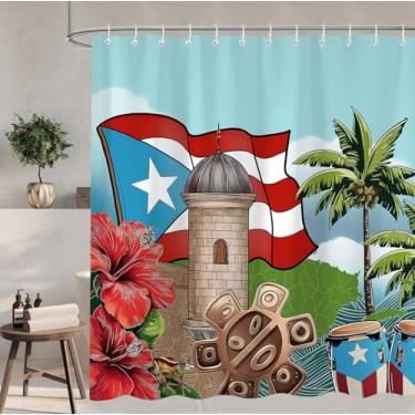 Imagem de Cortina de chuveiro com bandeira de Porto Rico, cortinas de chuveiro de hibisco de palmeira tropical para banheiro, vintage Boho Porto Rico, lembranças, presentes, decoração, conjuntos de cortina de