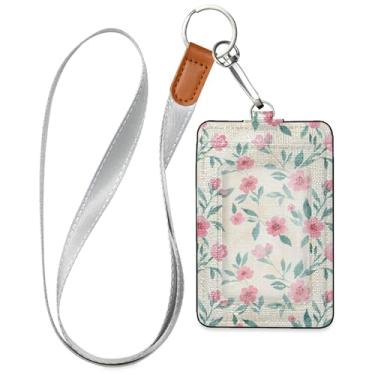 Imagem de Burbuja Porta-crachá de couro com cordão, etiqueta de identificação de flores com 1 janela transparente para identidade e 2 compartimentos para cartão para escritório, enfermeira, professor, médico