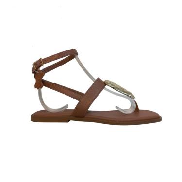 Imagem de Sandália Feminina Rasteira Dedo Couro Marrom Tiras Fivela