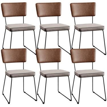 Imagem de Kit 06 Cadeiras Couríssimo Marrom Linho Bege