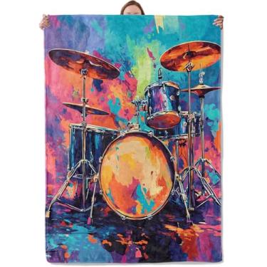 Imagem de Cobertor colorido com tema de bateria para mulheres e meninas, cobertores macios e quentes de flanela para sala de estar, casa, sofá, decoração de viagem, 152 x 203 cm