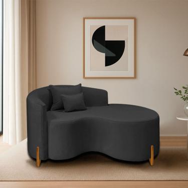 Imagem de Divã Recamier Curvo Sala De Estar Recepção Inglaterra 150cm Pés Madeira Lado Direito Linho Cor Preto