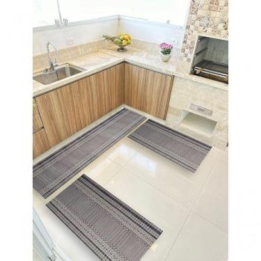 Imagem de Kit 3 Peças Jogo Cozinha Passadeira Emborrachada Não Derrapa Barrado Cinza