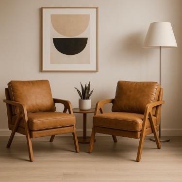 Imagem de Kit 2 Poltronas Mona Luxo Madeira Maciça Corino Caramelo Para Sala De Estar Decorativa Moderna