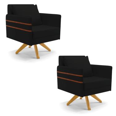 Imagem de Kit 02 Poltronas Giratória Mari Linho Preto A79 Base de Madeira MA30 - D'Rossi
