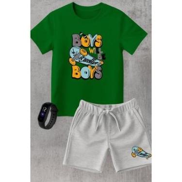 Imagem de Conjunto Infantil Camiseta e Short Moletinho Moda Verão Skate Street Brooklyn com Relógio Digital-Unissex