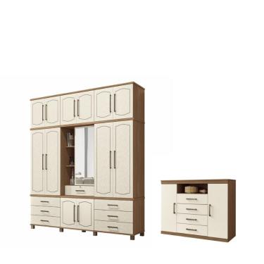 Imagem de Kit Guarda Roupa Casal e Cômoda Charlie 15 Portas 12 Gavetas MDP Jatobá Areia