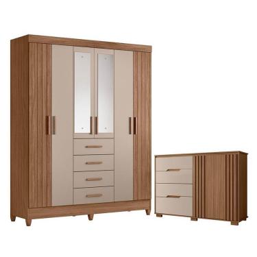 Imagem de Guarda Roupa Solteiro com Cômoda Aruba Texas 8 Portas de Bater 8 Gavetas MDF MDP com Espelho Carvalho Fendi Fosco