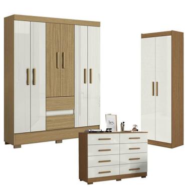 Imagem de Kit Guarda Roupa Casal Coimbra 6 Portas 2 Gavetas com Cômoda e Armário Off White Aramóveis