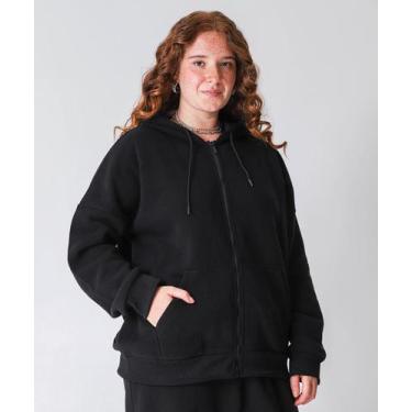 Imagem de Casaco Plus Size Feminino Moletom Capuz Marisa Preto, G3, Preto