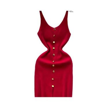 Imagem de Vestido Feminino Bodycon De Malha Com Alça Fina E Fenda, Botões Fronta
