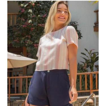 Imagem de blusa linho com listras e tira para amarrar tamanho G - tricomix