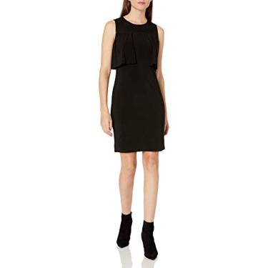 Imagem de Nine West Vestido feminino sem mangas com gola de malha e detalhe de babados, Preto, 44