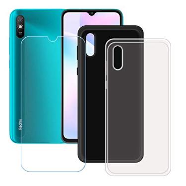 Imagem de FZZ Capa para Xiaomi Redmi 9i + película protetora de tela de vidro temperado, fina transparente + capa de silicone TPU de gel macio preta para Xiaomi Redmi 9i (6,6 polegadas)