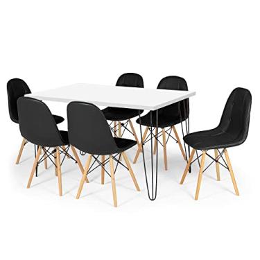 Imagem de Conjunto Mesa de Jantar Hairpin 130x80 Branca com 6 Cadeiras Eiffel Botonê - Preto
