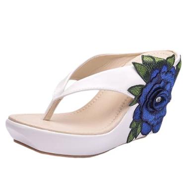 Imagem de A shoe store Sandália feminina plataforma sem salto flor grosso, Branco, 9